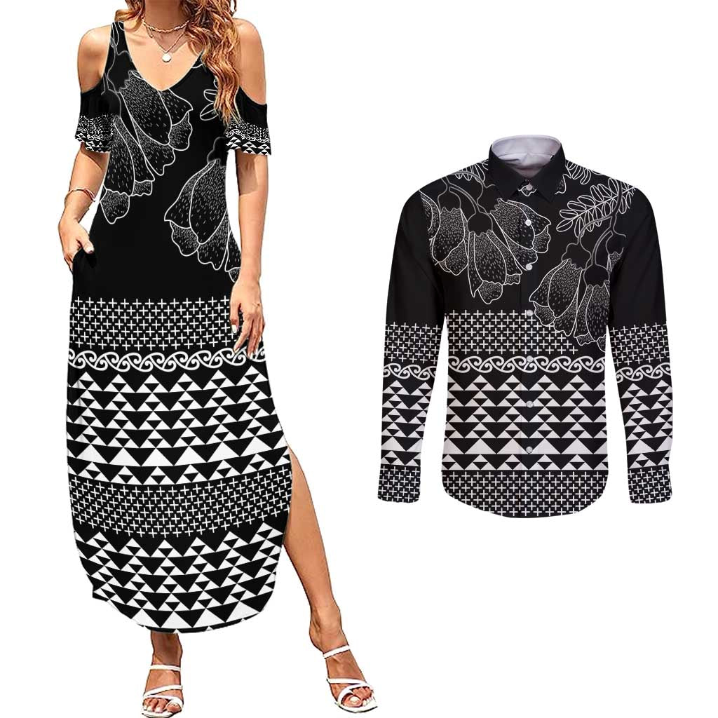 Black Taniko Kowhaiwhai Tukutuku Motif Couples Matching Summer Maxi Dress and Long Sleeve Button Shirt LT9 Black - Polynesian Pride