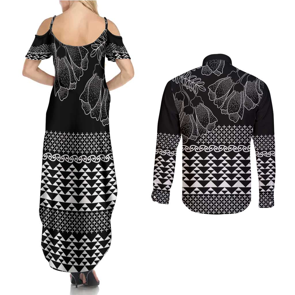 Black Taniko Kowhaiwhai Tukutuku Motif Couples Matching Summer Maxi Dress and Long Sleeve Button Shirt LT9 - Polynesian Pride