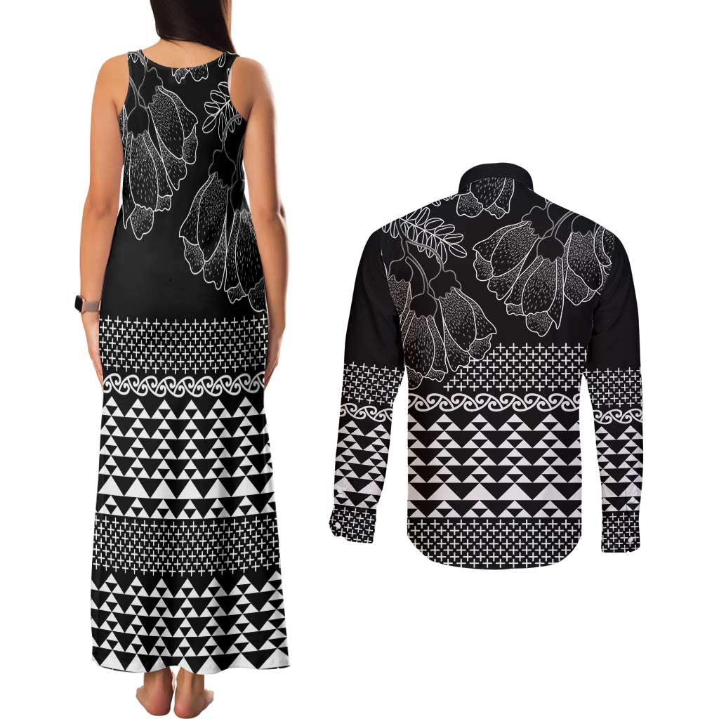 Black Taniko Kowhaiwhai Tukutuku Motif Couples Matching Tank Maxi Dress and Long Sleeve Button Shirt LT9 - Polynesian Pride