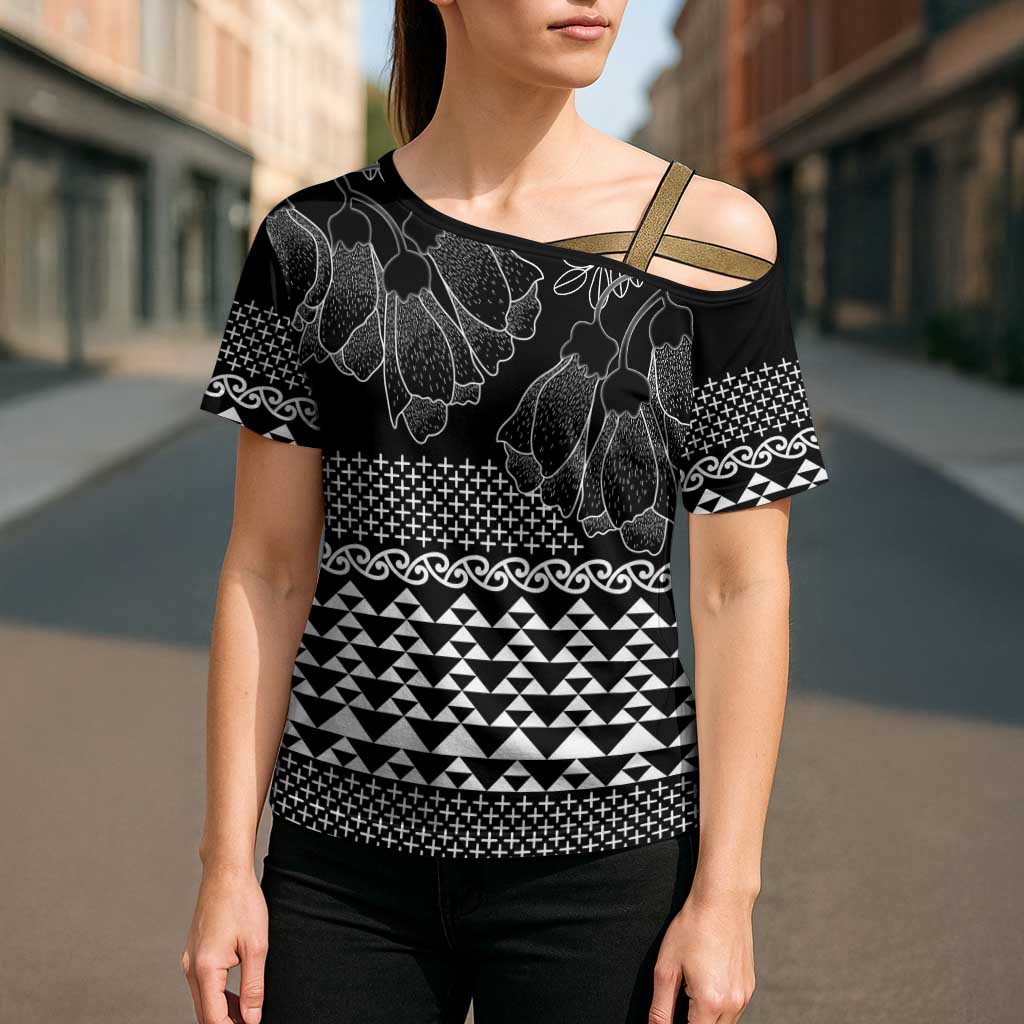 Black Taniko Kowhaiwhai Tukutuku Motif Cross Shoulder Shirt - Polynesian Pride