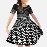 Black Taniko Kowhaiwhai Tukutuku Motif Family Matching Long Sleeve Bodycon Dress and Hawaiian Shirt LT9 Daughter's Dress Black - Polynesian Pride