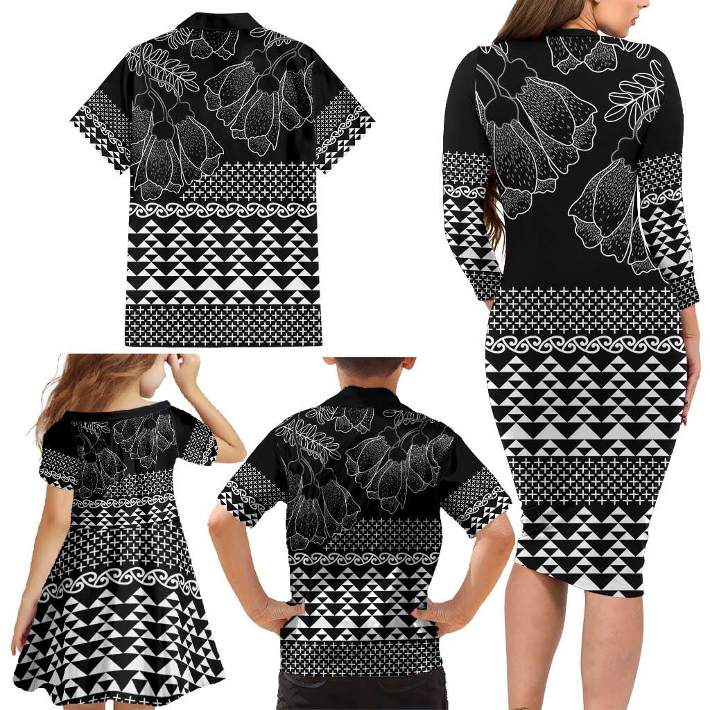 Black Taniko Kowhaiwhai Tukutuku Motif Family Matching Long Sleeve Bodycon Dress and Hawaiian Shirt LT9 - Polynesian Pride