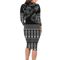 Black Taniko Kowhaiwhai Tukutuku Motif Family Matching Long Sleeve Bodycon Dress and Hawaiian Shirt LT9 - Polynesian Pride