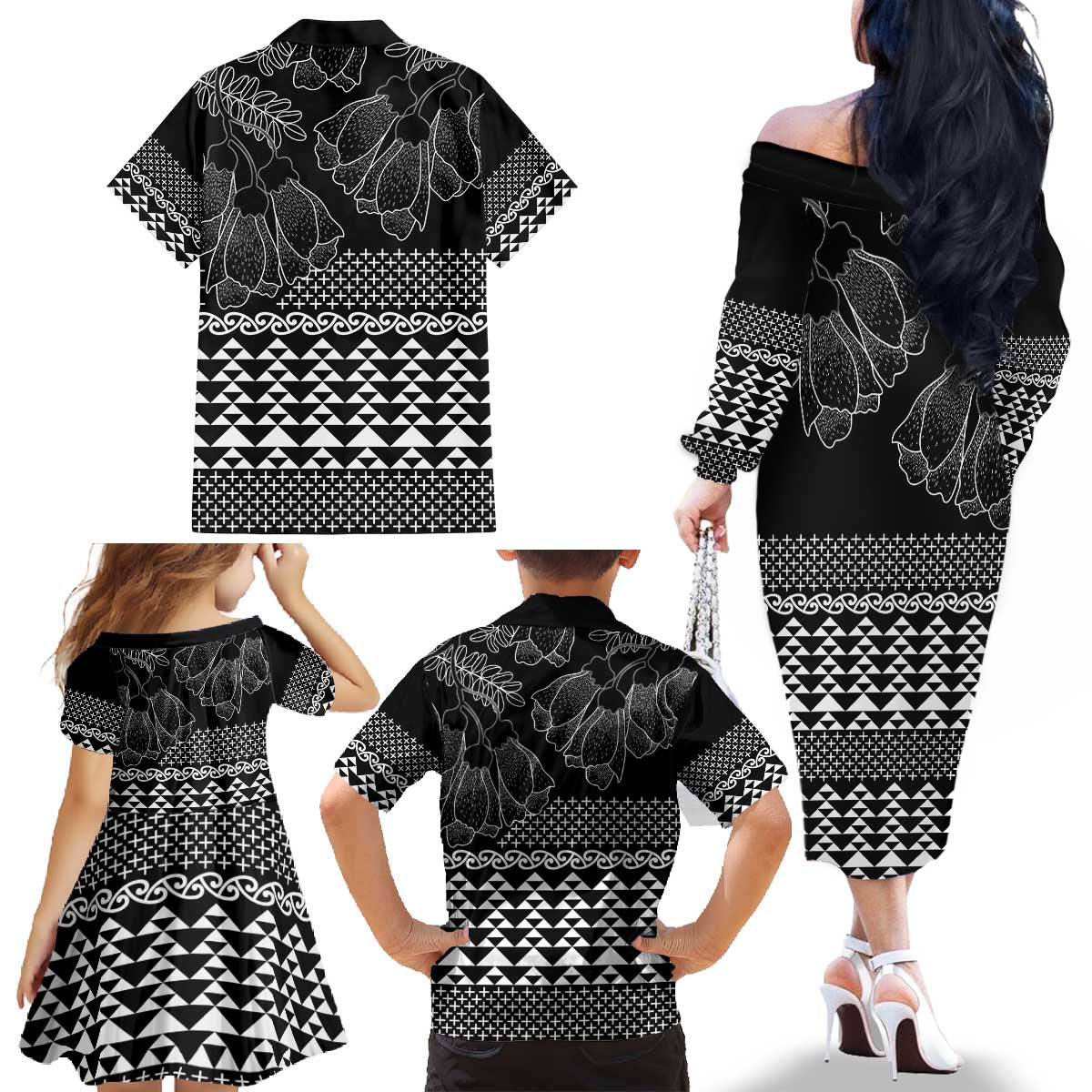 Black Taniko Kowhaiwhai Tukutuku Motif Family Matching Off The Shoulder Long Sleeve Dress and Hawaiian Shirt