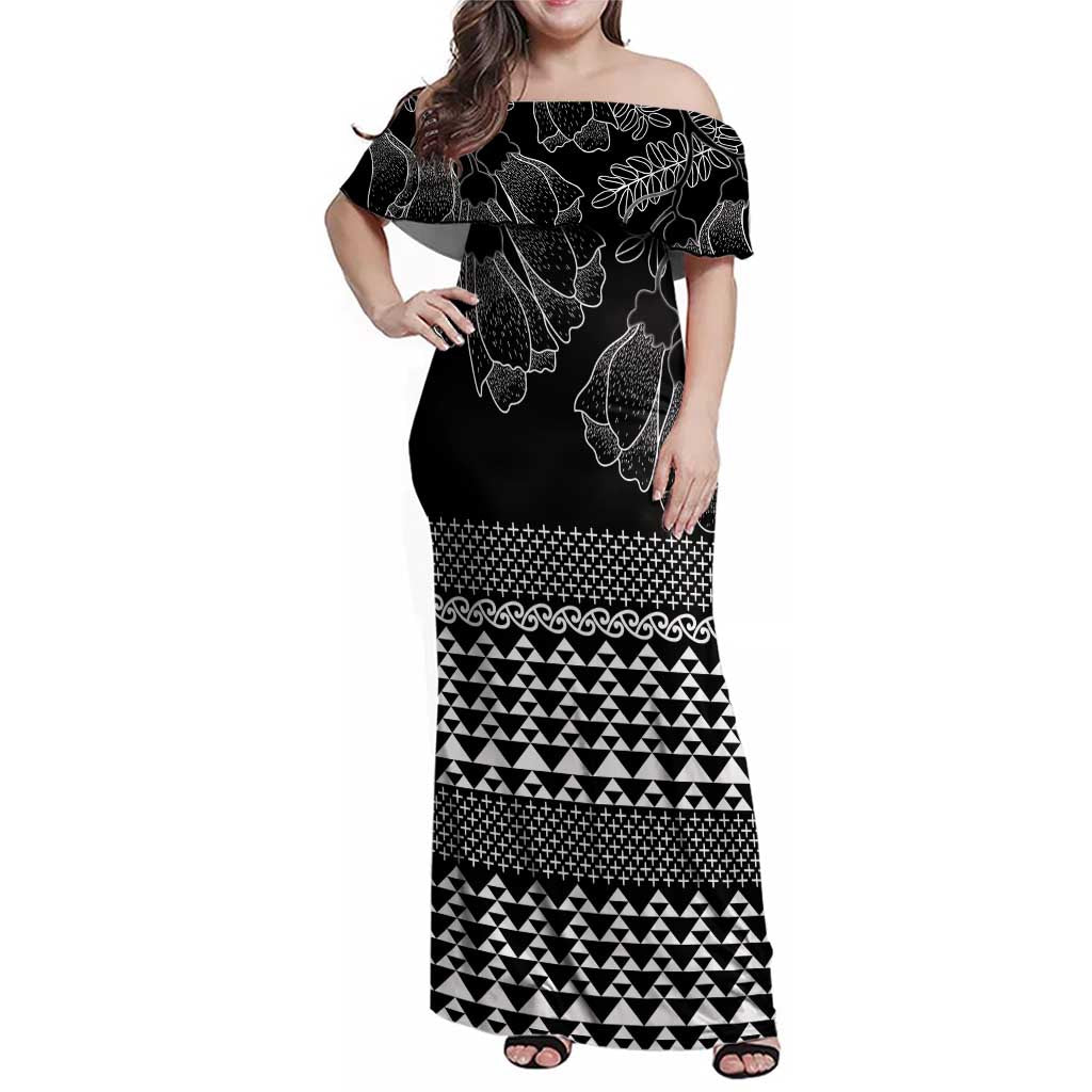 Black Taniko Kowhaiwhai Tukutuku Motif Family Matching Off Shoulder Maxi Dress and Hawaiian Shirt