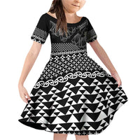 Black Taniko Kowhaiwhai Tukutuku Motif Family Matching Off Shoulder Short Dress and Hawaiian Shirt