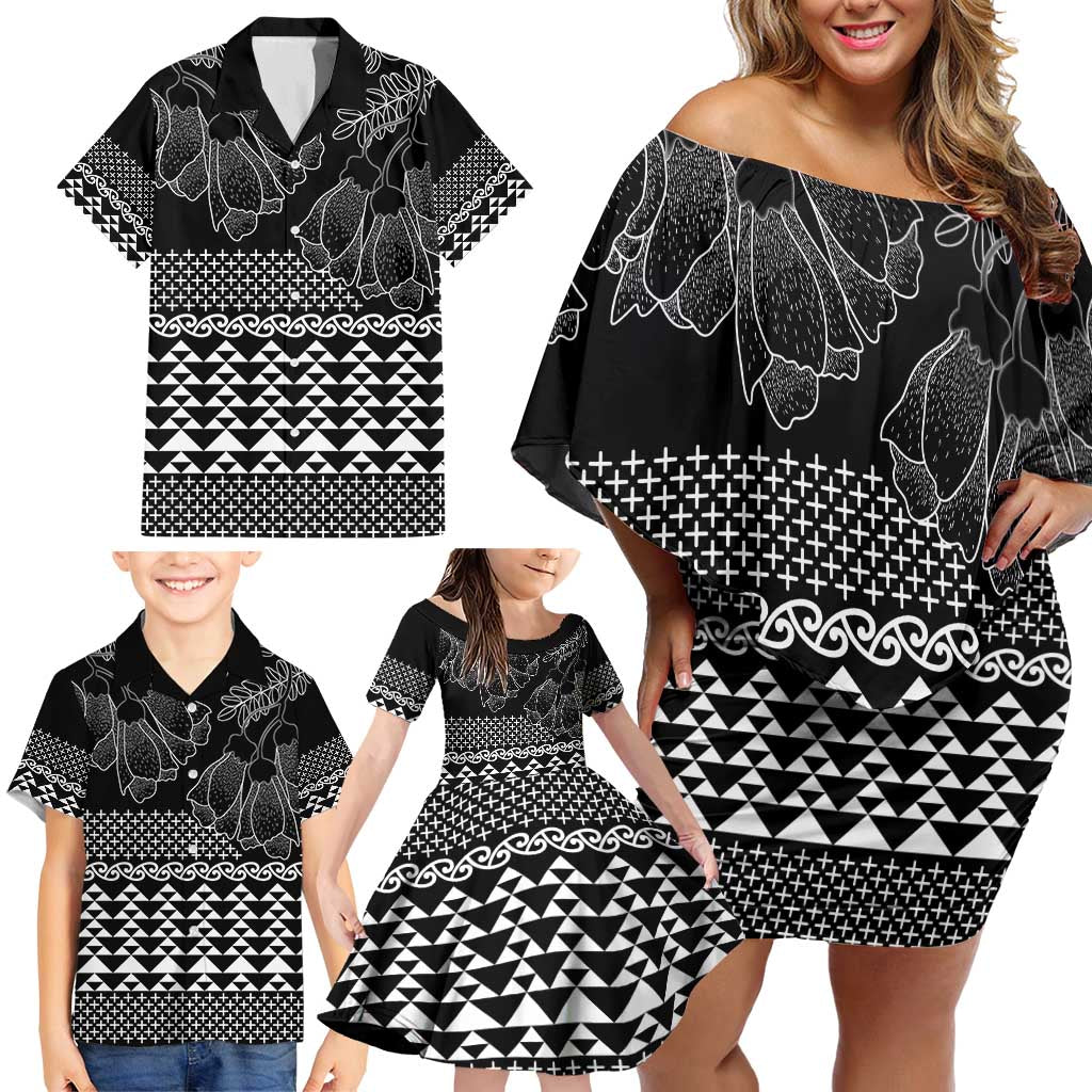 Black Taniko Kowhaiwhai Tukutuku Motif Family Matching Off Shoulder Short Dress and Hawaiian Shirt