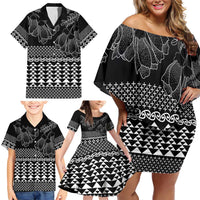 Black Taniko Kowhaiwhai Tukutuku Motif Family Matching Off Shoulder Short Dress and Hawaiian Shirt