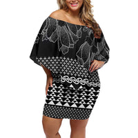 Black Taniko Kowhaiwhai Tukutuku Motif Family Matching Off Shoulder Short Dress and Hawaiian Shirt