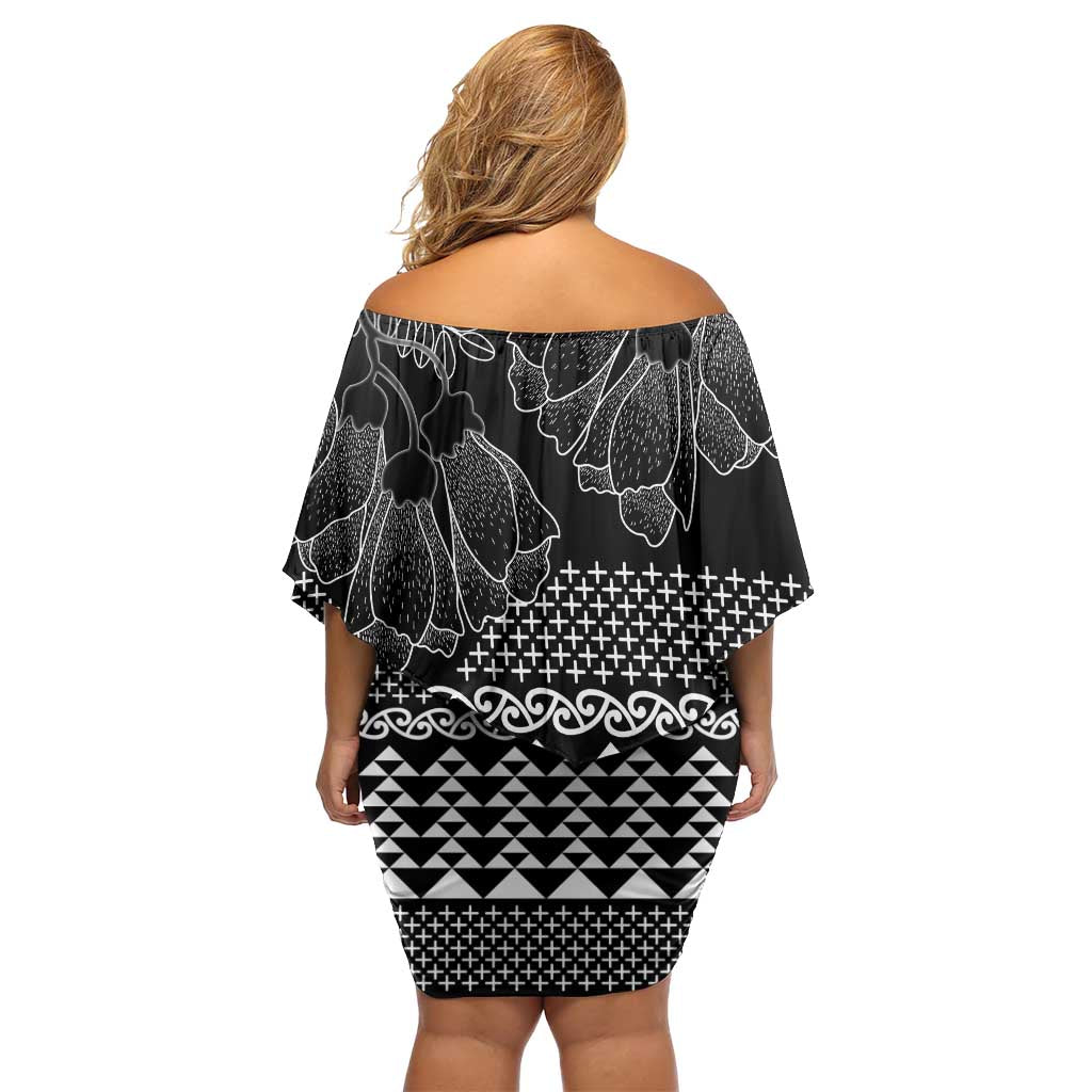 Black Taniko Kowhaiwhai Tukutuku Motif Family Matching Off Shoulder Short Dress and Hawaiian Shirt