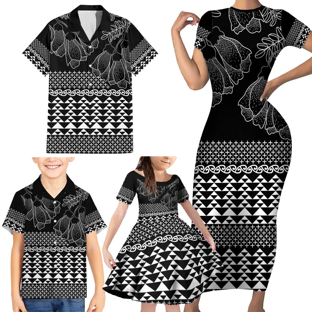 Black Taniko Kowhaiwhai Tukutuku Motif Family Matching Short Sleeve Bodycon Dress and Hawaiian Shirt LT9 - Polynesian Pride