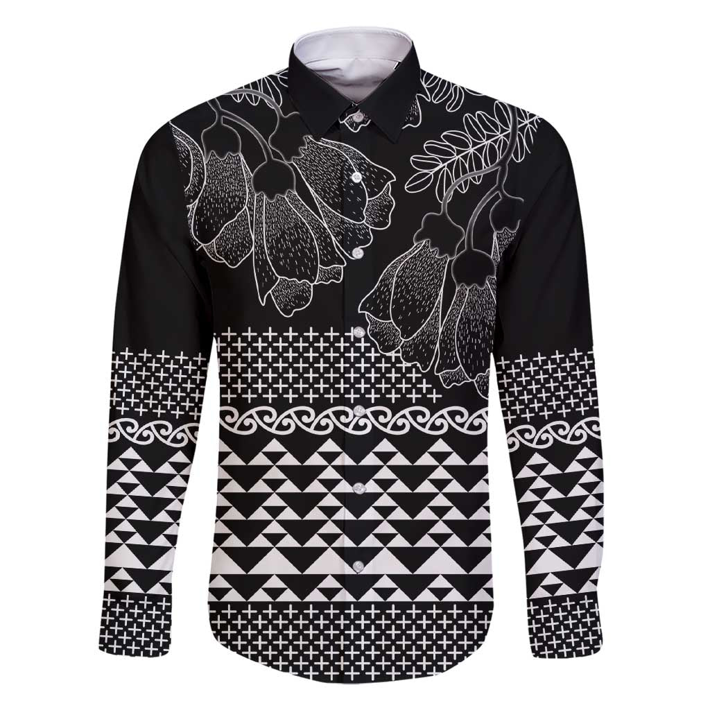 Black Taniko Kowhaiwhai Tukutuku Motif Family Matching Short Sleeve Bodycon Dress and Hawaiian Shirt LT9 Dad's Shirt - Long Sleeve Black - Polynesian Pride
