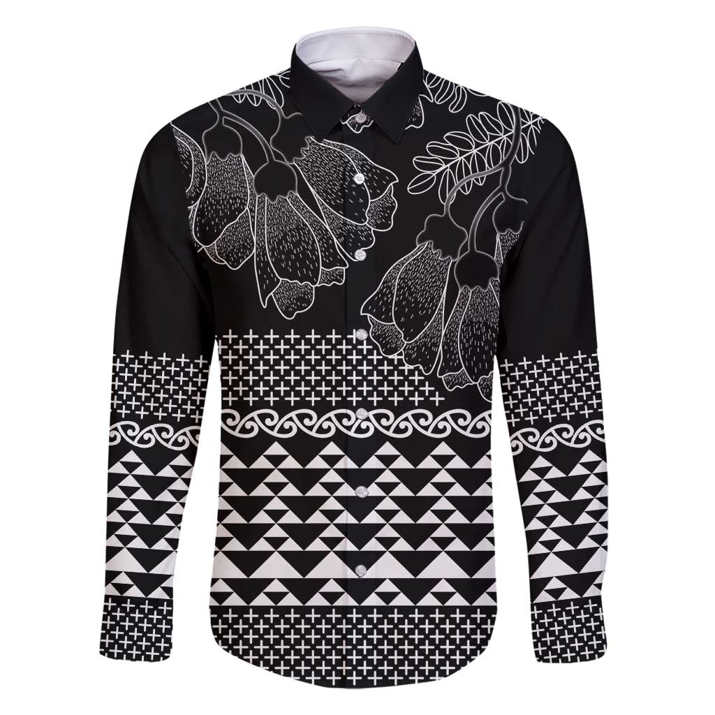 Black Taniko Kowhaiwhai Tukutuku Motif Family Matching Summer Maxi Dress and Hawaiian Shirt LT9 Dad's Shirt - Long Sleeve Black - Polynesian Pride