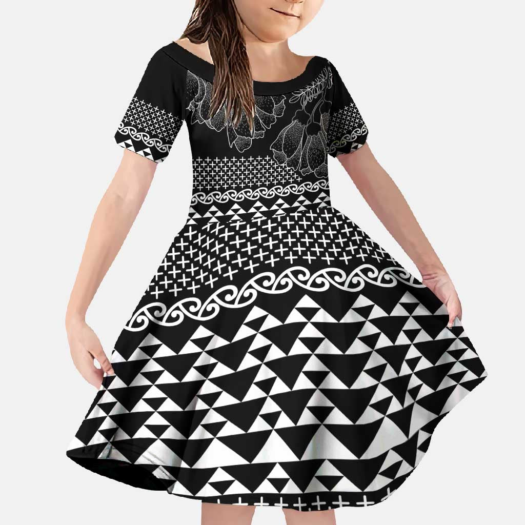 Black Taniko Kowhaiwhai Tukutuku Motif Family Matching Tank Maxi Dress and Hawaiian Shirt LT9 Daughter's Dress Black - Polynesian Pride