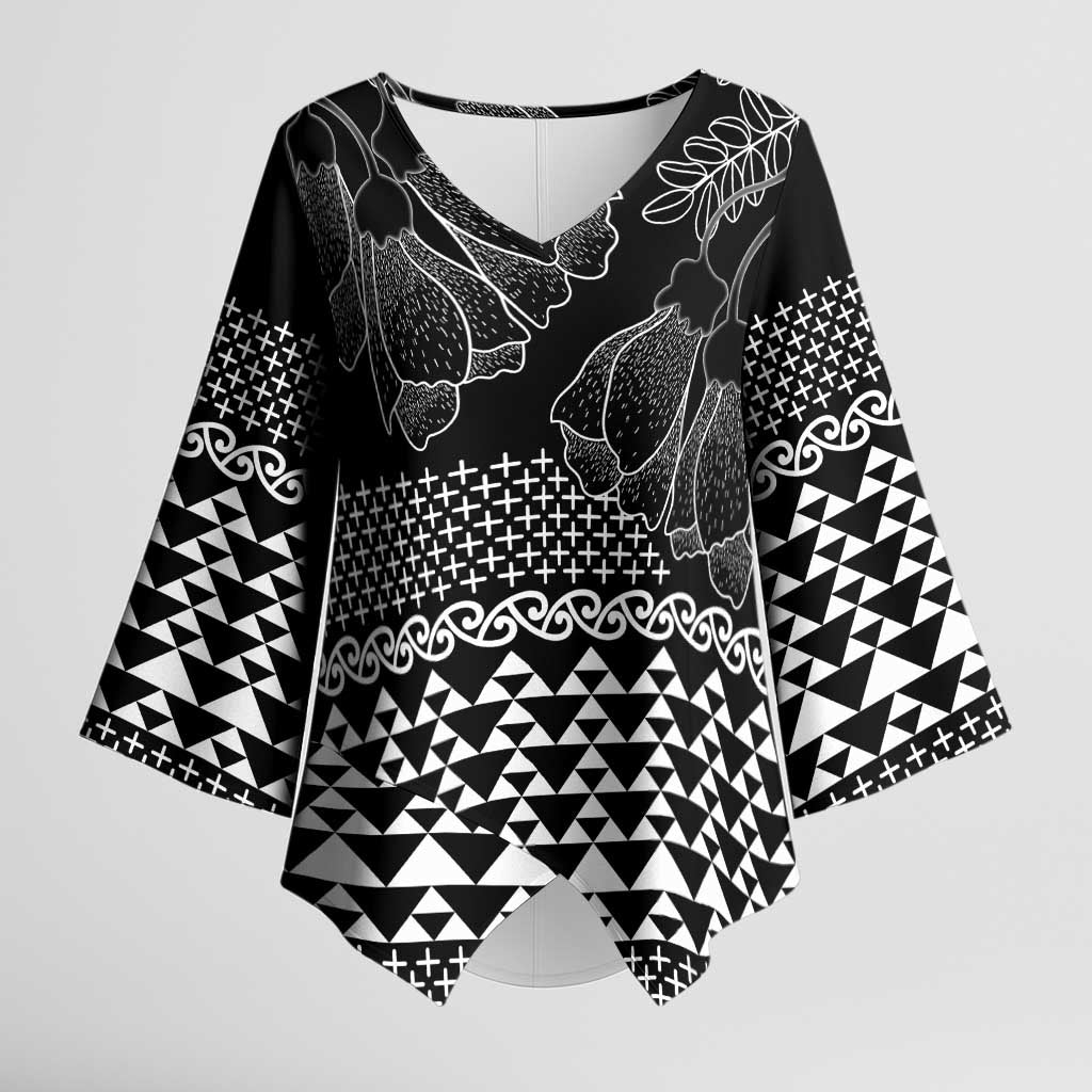 Black Taniko Kowhaiwhai Tukutuku Motif Kimono Sleeve Blouse - Polynesian Pride