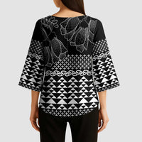 Black Taniko Kowhaiwhai Tukutuku Motif Kimono Sleeve Blouse - Polynesian Pride