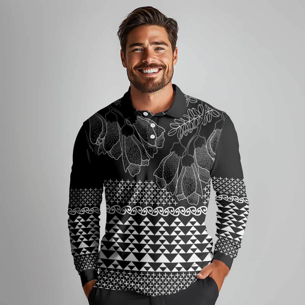 Black Taniko Kowhaiwhai Tukutuku Motif Long Sleeve Polo Shirt