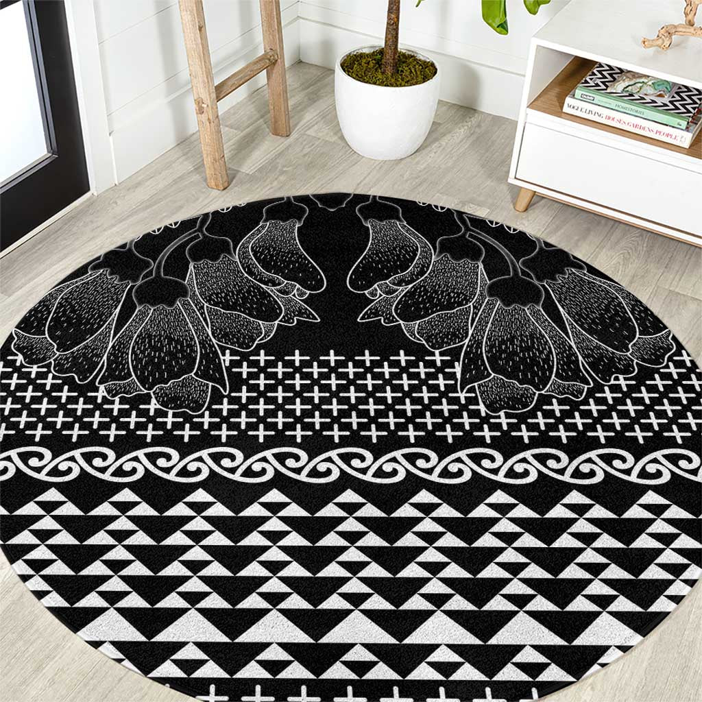 Black Taniko Kowhaiwhai Tukutuku Motif Round Carpet