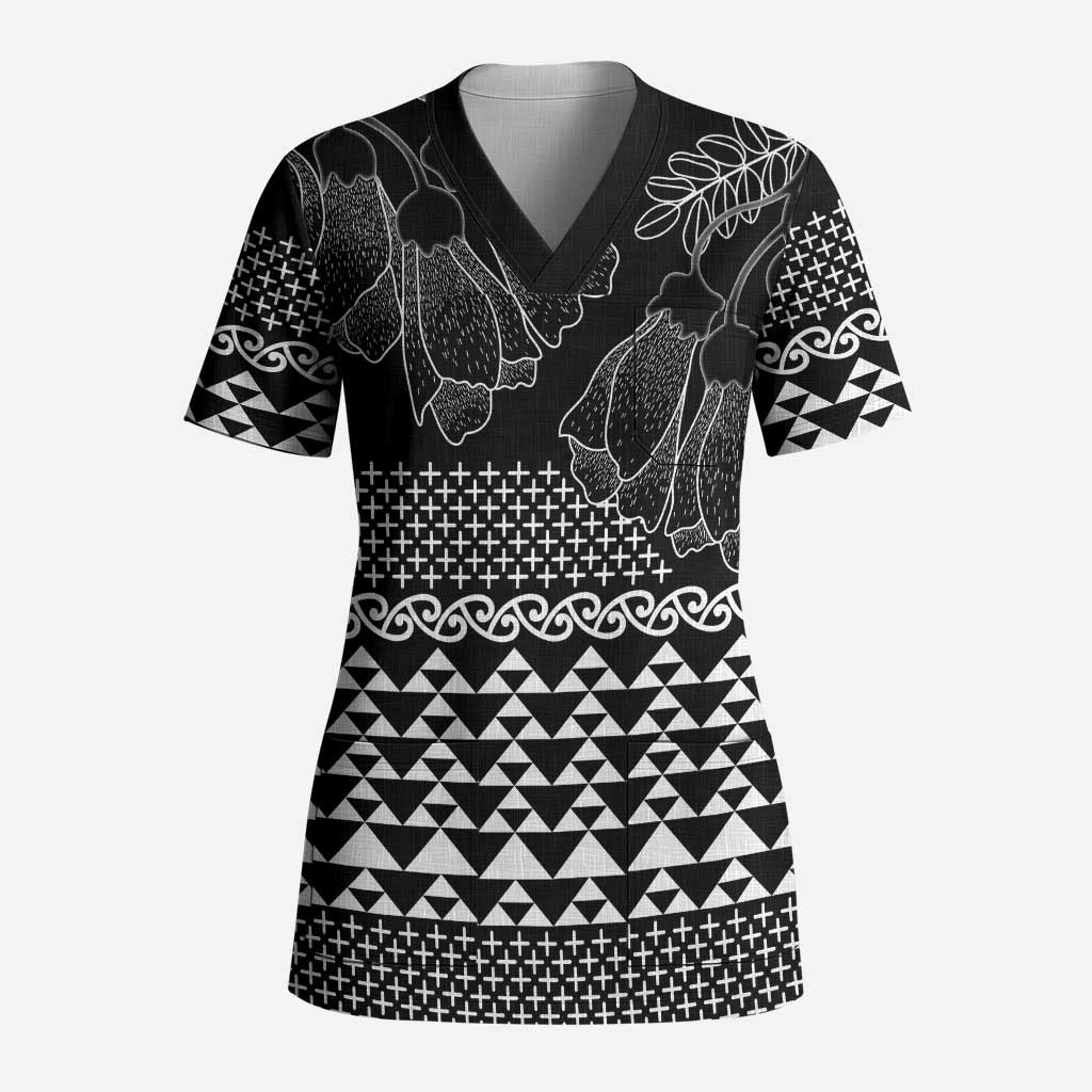 Black Taniko Kowhaiwhai Tukutuku Motif Scrub Top - Polynesian Pride