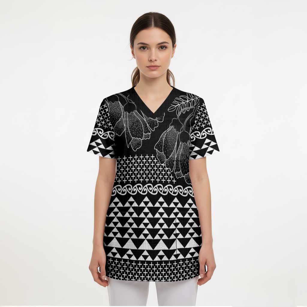 Black Taniko Kowhaiwhai Tukutuku Motif Scrub Top - Polynesian Pride