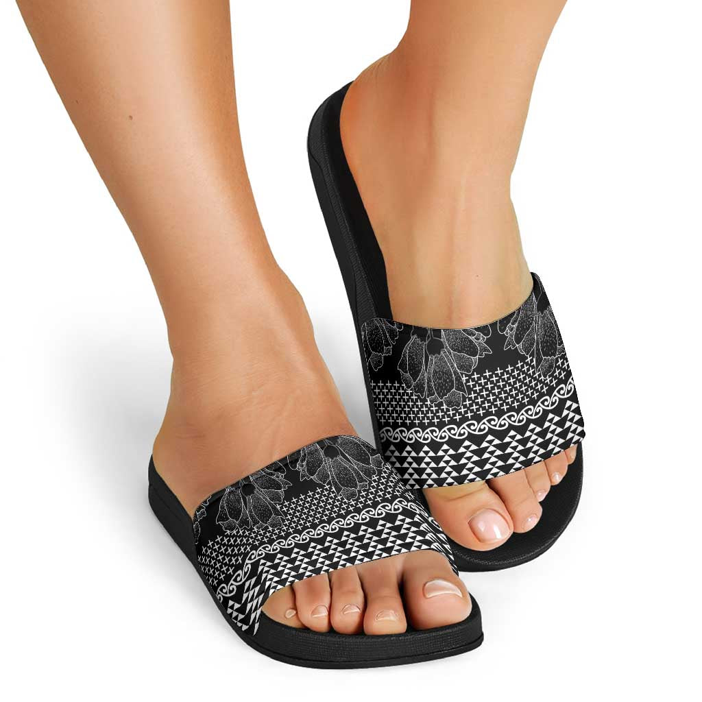 Black Taniko Kowhaiwhai Tukutuku Motif Slide Sandals - Polynesian Pride