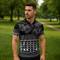 Black Taniko Kowhaiwhai Tukutuku Motif Zipper Polo Shirt - Polynesian Pride