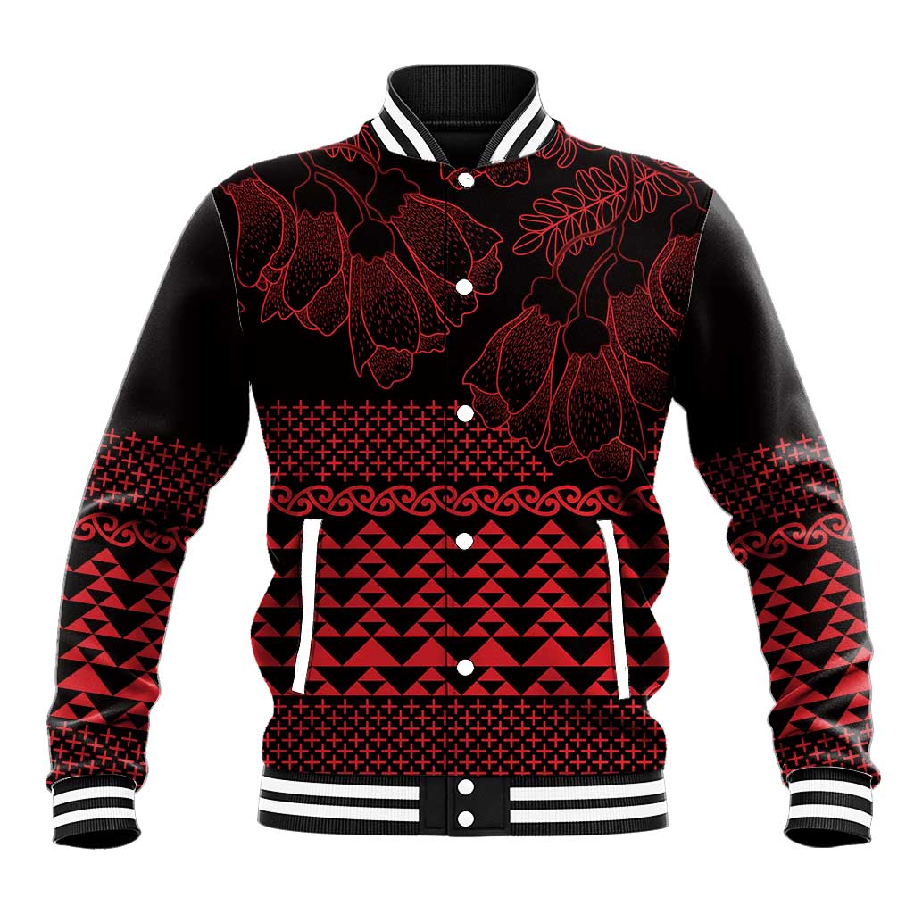 Red Taniko Kowhaiwhai Tukutuku Motif Baseball Jacket