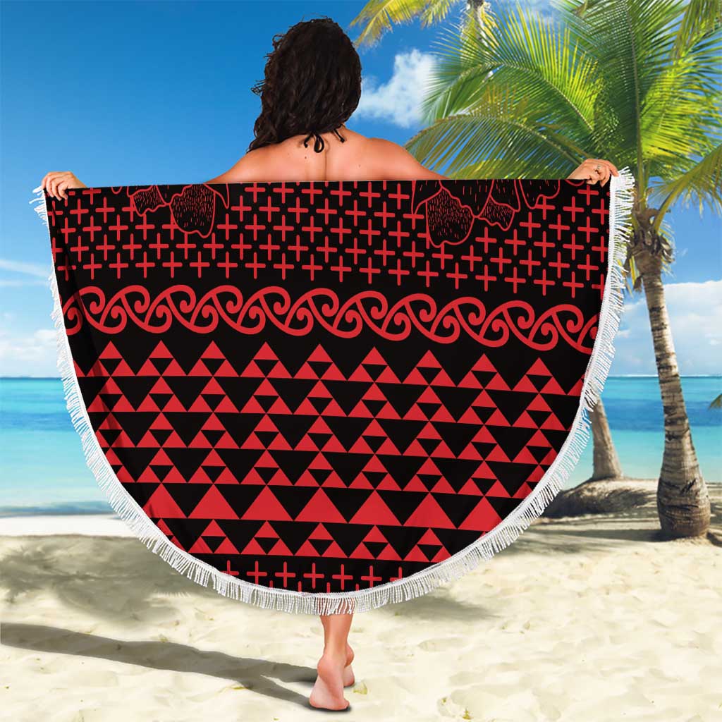 Red Taniko Kowhaiwhai Tukutuku Motif Beach Blanket