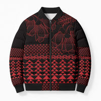 Red Taniko Kowhaiwhai Tukutuku Motif Bomber Puffer Jacket - Polynesian Pride