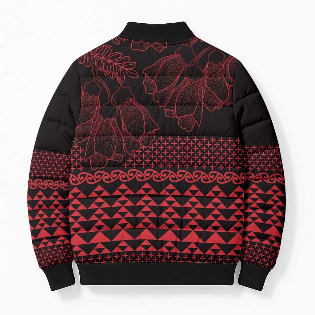 Red Taniko Kowhaiwhai Tukutuku Motif Bomber Puffer Jacket - Polynesian Pride