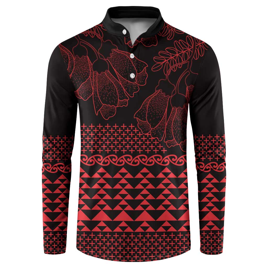 Red Taniko Kowhaiwhai Tukutuku Motif Button Sweatshirt