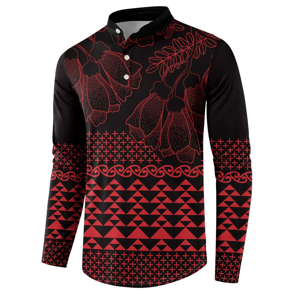 Red Taniko Kowhaiwhai Tukutuku Motif Button Sweatshirt
