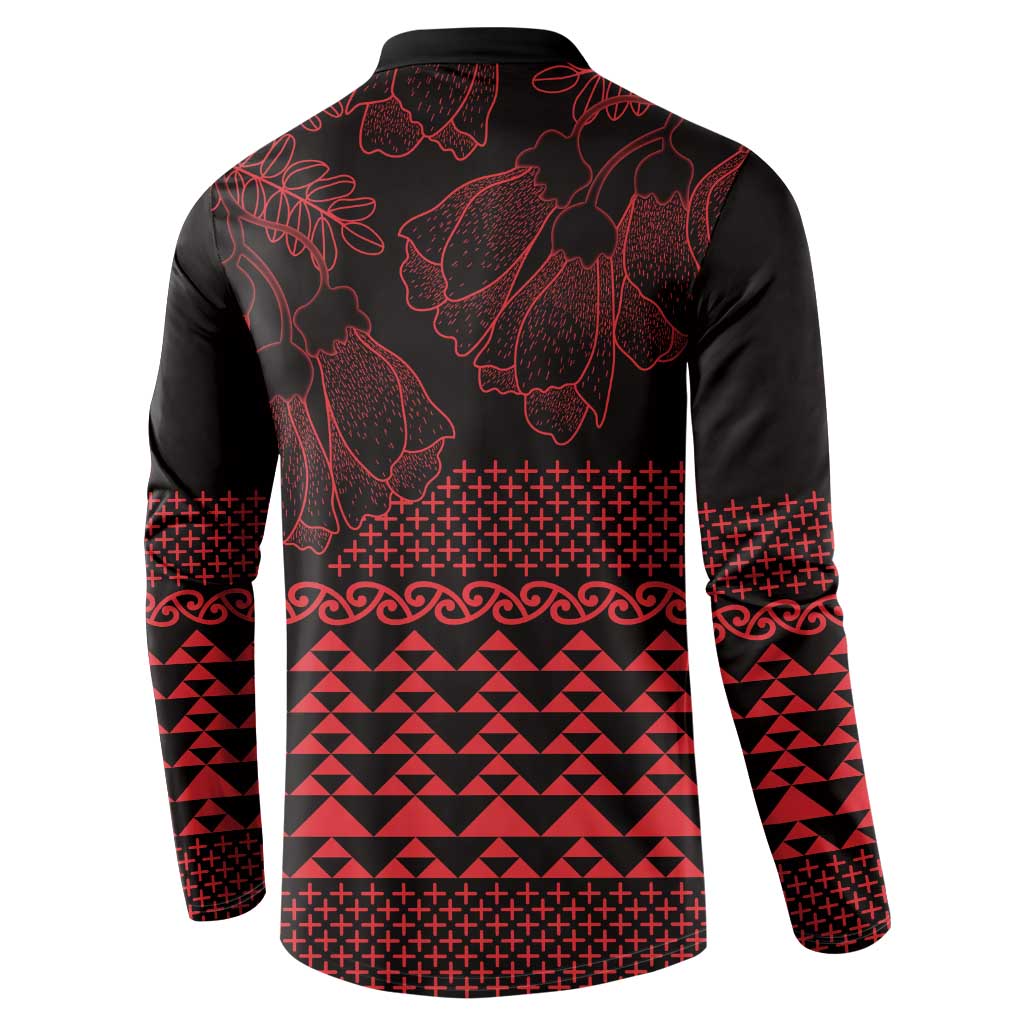 Red Taniko Kowhaiwhai Tukutuku Motif Button Sweatshirt