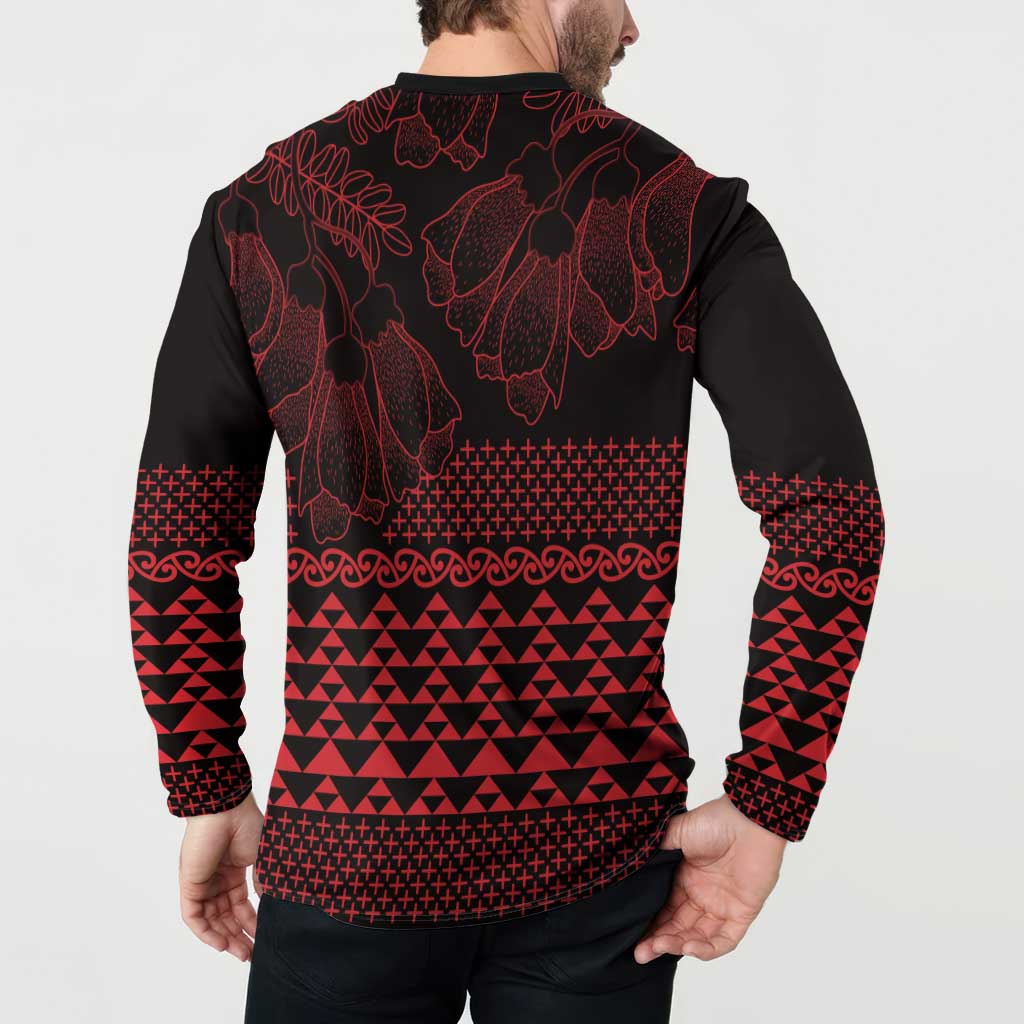 Red Taniko Kowhaiwhai Tukutuku Motif Button Sweatshirt