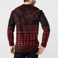 Red Taniko Kowhaiwhai Tukutuku Motif Button Sweatshirt