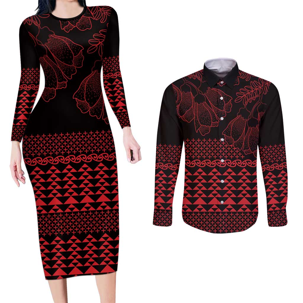 Red Taniko Kowhaiwhai Tukutuku Motif Couples Matching Long Sleeve Bodycon Dress and Long Sleeve Button Shirt LT9 Red - Polynesian Pride