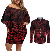 Red Taniko Kowhaiwhai Tukutuku Motif Couples Matching Off Shoulder Short Dress and Long Sleeve Button Shirt LT9 Red - Polynesian Pride
