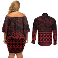 Red Taniko Kowhaiwhai Tukutuku Motif Couples Matching Off Shoulder Short Dress and Long Sleeve Button Shirt LT9 - Polynesian Pride