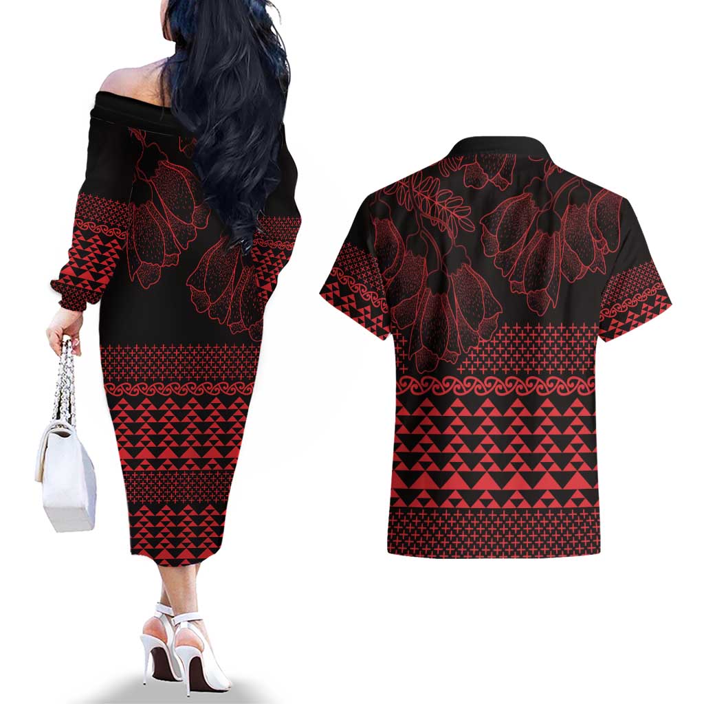 Red Taniko Kowhaiwhai Tukutuku Motif Couples Matching Off The Shoulder Long Sleeve Dress and Hawaiian Shirt
