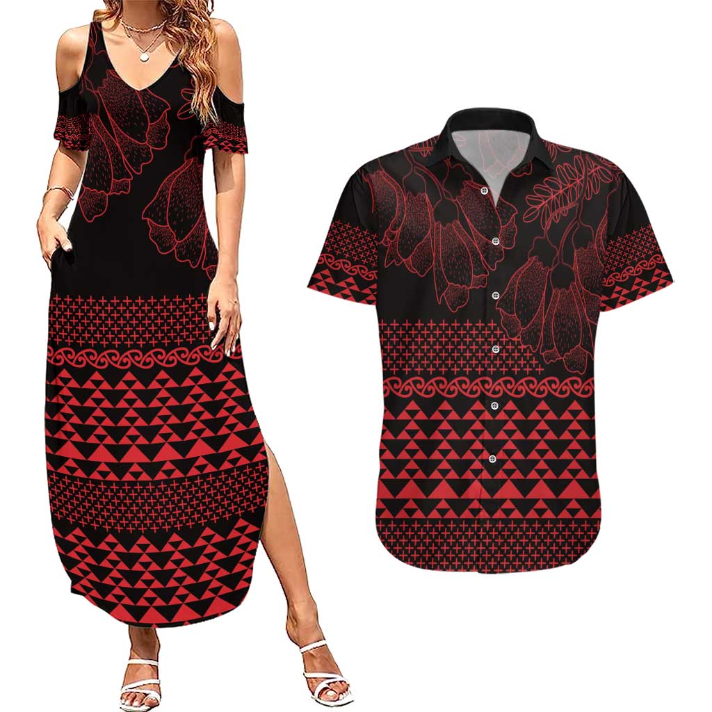 Red Taniko Kowhaiwhai Tukutuku Motif Couples Matching Summer Maxi Dress and Hawaiian Shirt LT9 Red - Polynesian Pride