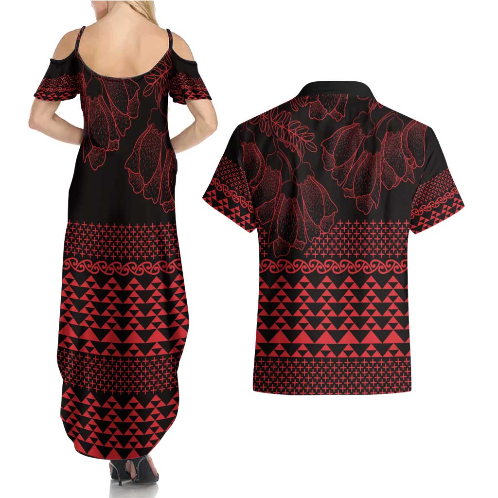 Red Taniko Kowhaiwhai Tukutuku Motif Couples Matching Summer Maxi Dress and Hawaiian Shirt LT9 - Polynesian Pride