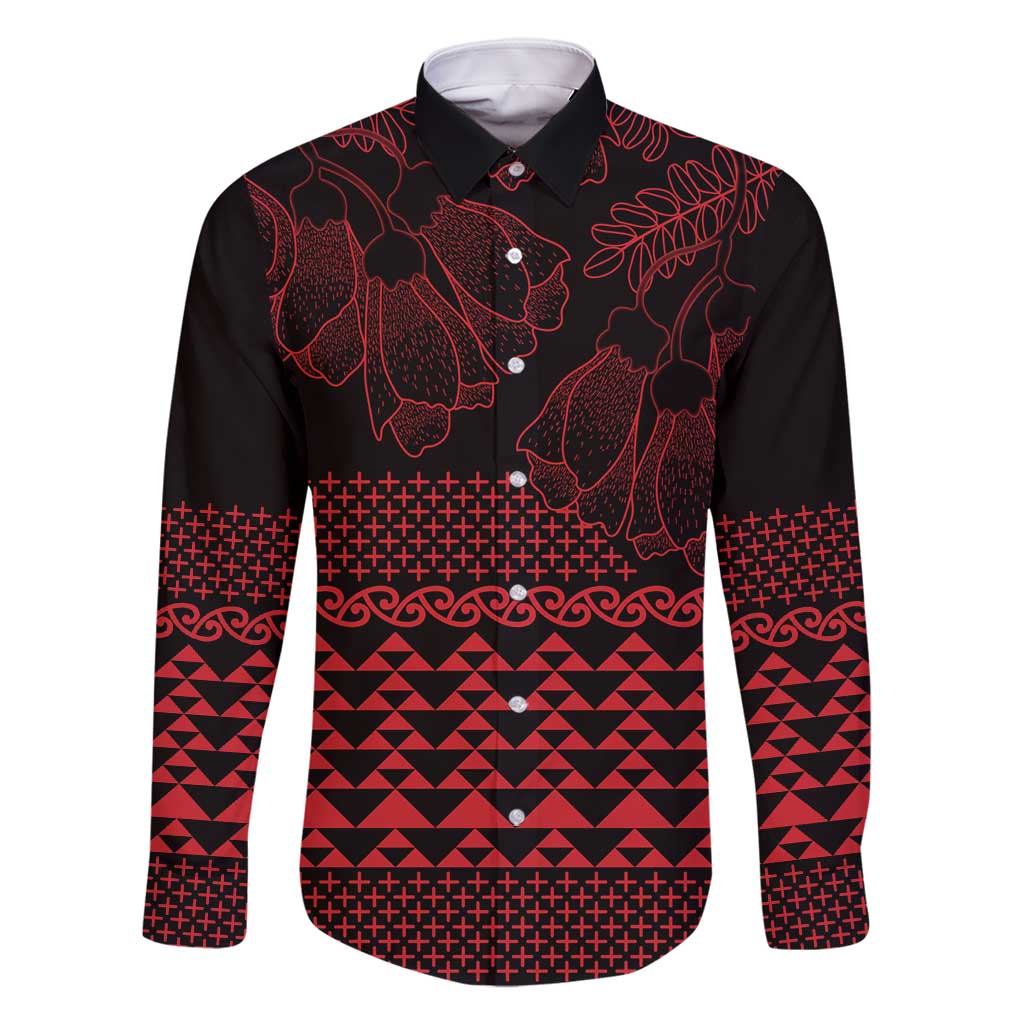 Red Taniko Kowhaiwhai Tukutuku Motif Family Matching Long Sleeve Bodycon Dress and Hawaiian Shirt LT9 Dad's Shirt - Long Sleeve Red - Polynesian Pride