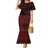 Red Taniko Kowhaiwhai Tukutuku Motif Family Matching Mermaid Dress and Hawaiian Shirt LT9 Mom's Dress Red - Polynesian Pride