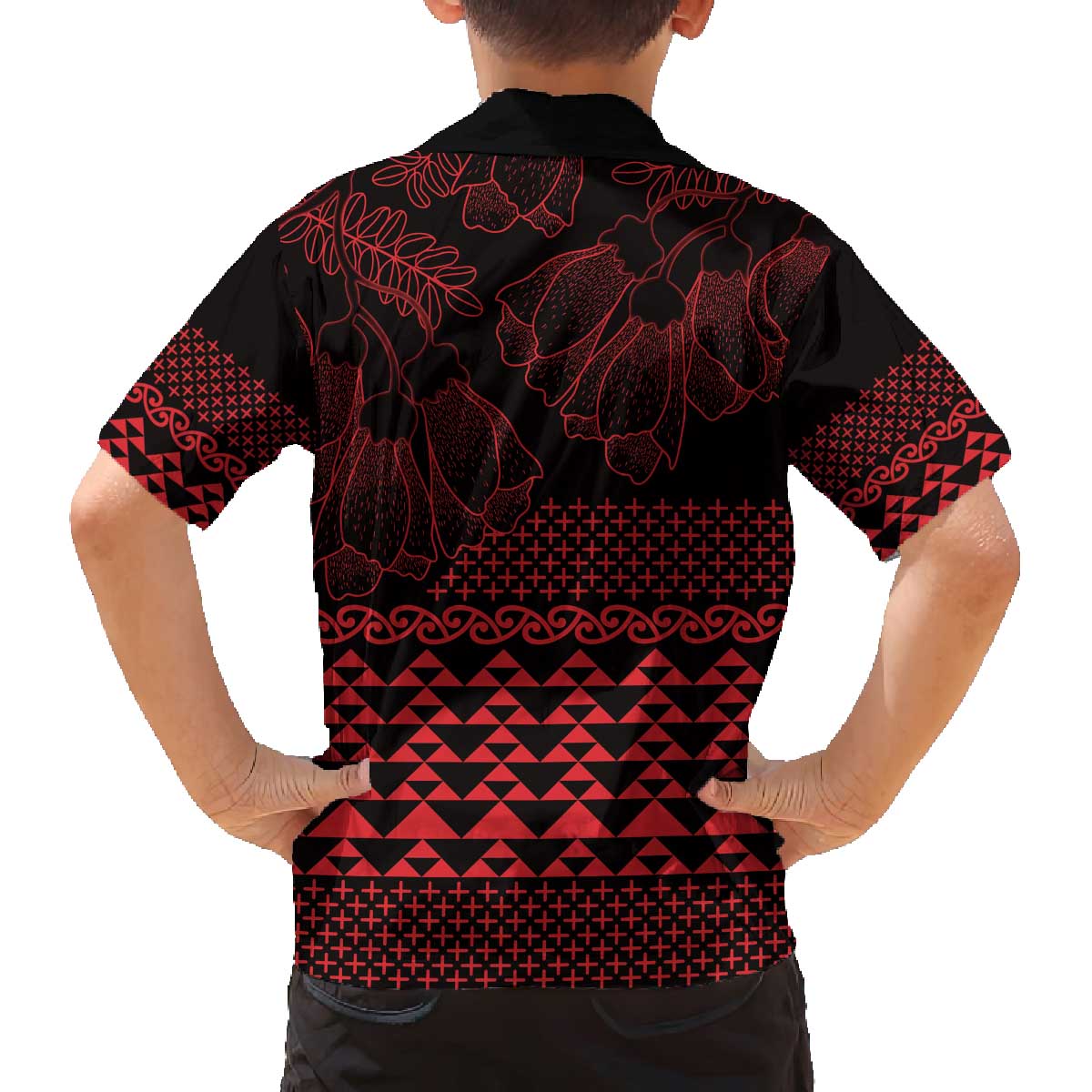 Red Taniko Kowhaiwhai Tukutuku Motif Family Matching Off The Shoulder Long Sleeve Dress and Hawaiian Shirt