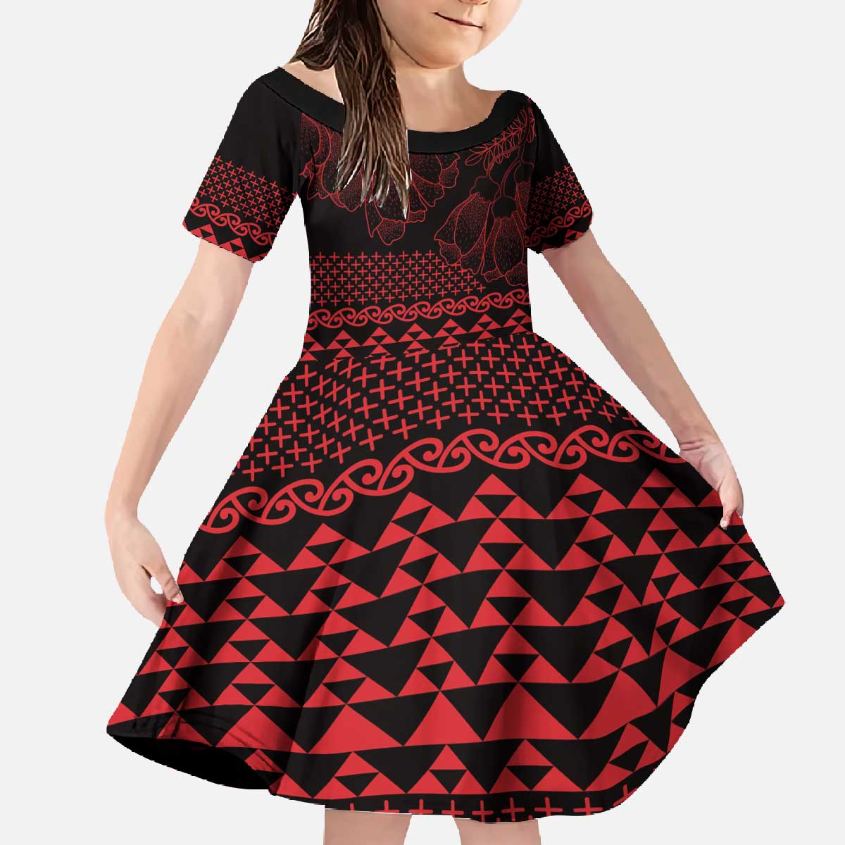 Red Taniko Kowhaiwhai Tukutuku Motif Family Matching Off The Shoulder Long Sleeve Dress and Hawaiian Shirt