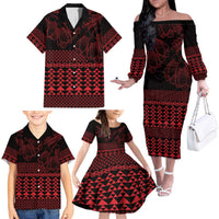 Red Taniko Kowhaiwhai Tukutuku Motif Family Matching Off The Shoulder Long Sleeve Dress and Hawaiian Shirt