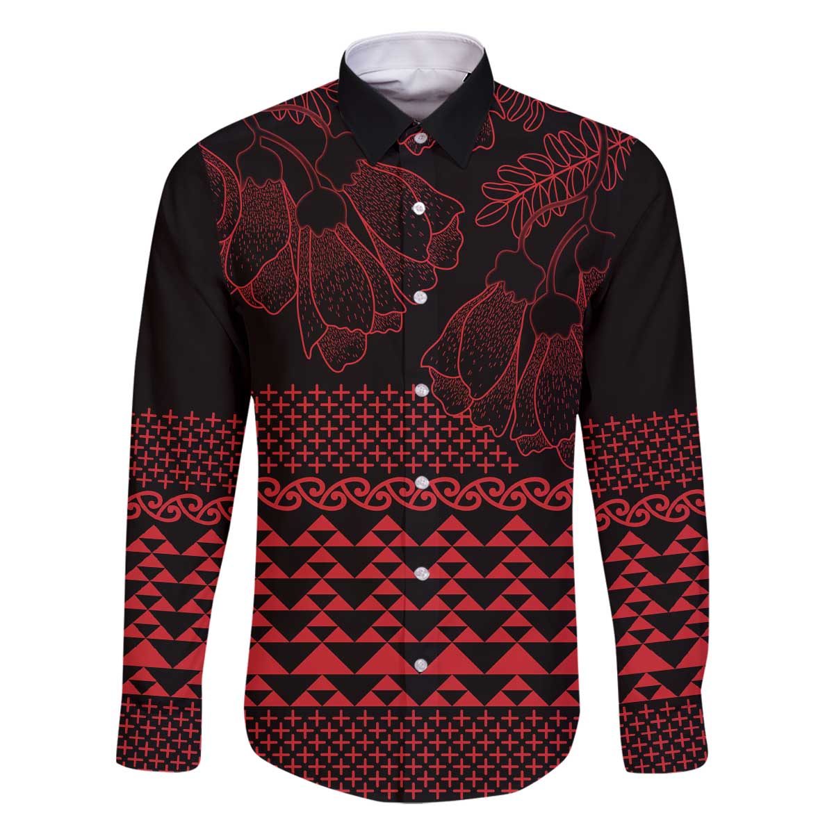 Red Taniko Kowhaiwhai Tukutuku Motif Family Matching Off The Shoulder Long Sleeve Dress and Hawaiian Shirt