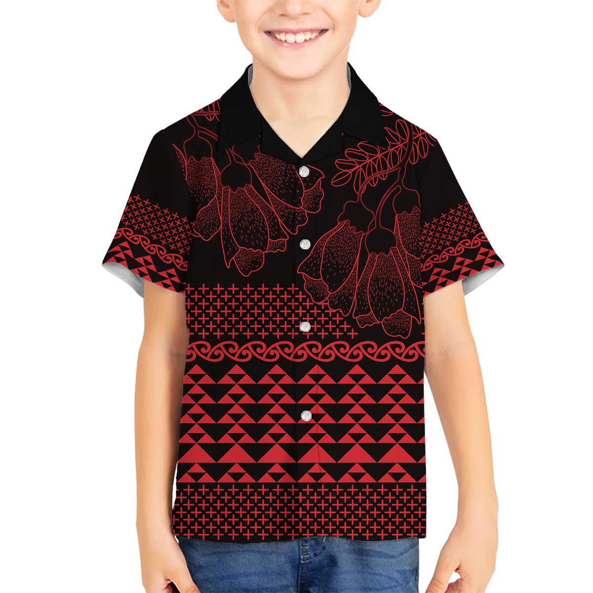 Red Taniko Kowhaiwhai Tukutuku Motif Family Matching Off The Shoulder Long Sleeve Dress and Hawaiian Shirt