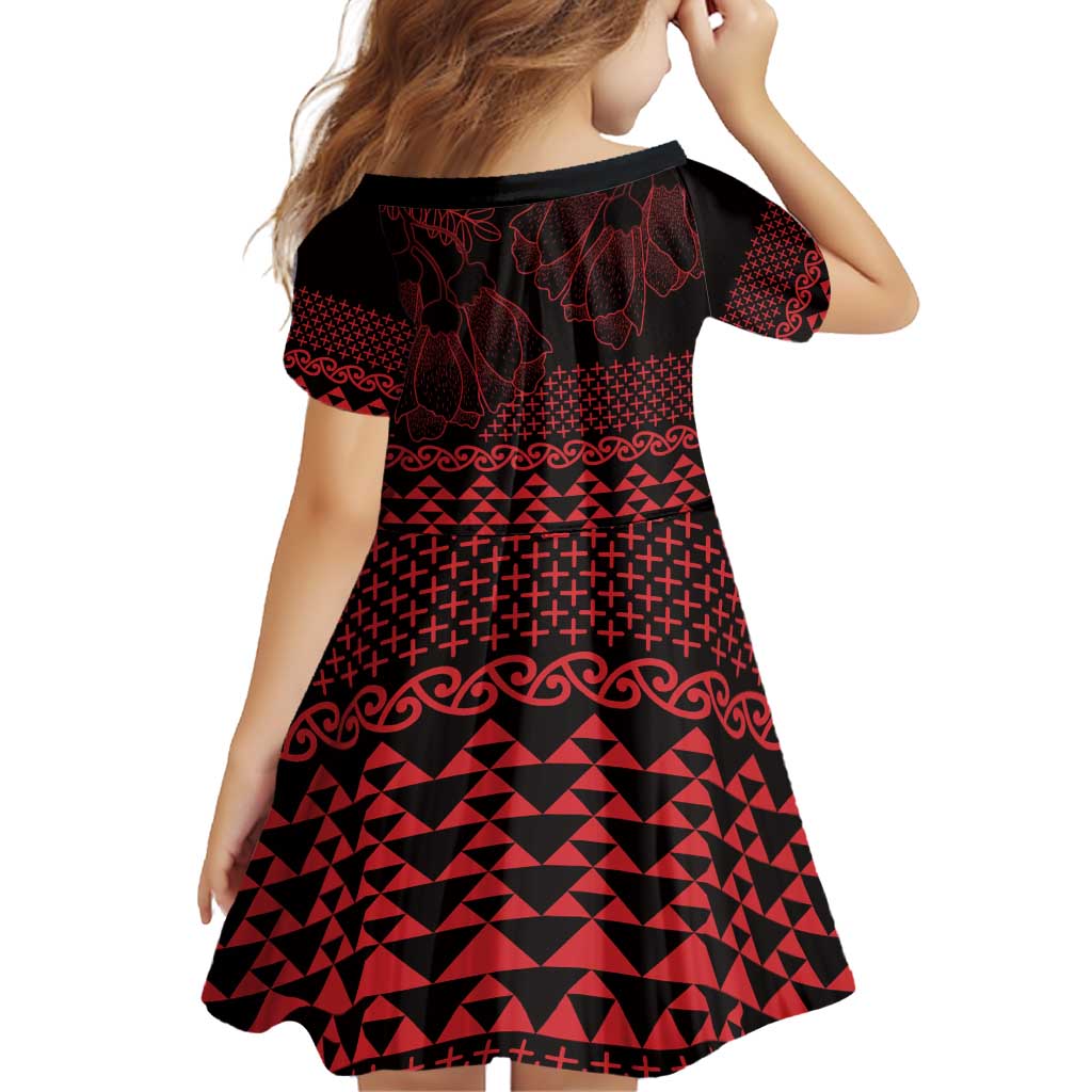 Red Taniko Kowhaiwhai Tukutuku Motif Family Matching Off Shoulder Short Dress and Hawaiian Shirt