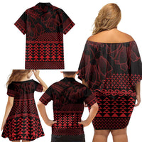 Red Taniko Kowhaiwhai Tukutuku Motif Family Matching Off Shoulder Short Dress and Hawaiian Shirt